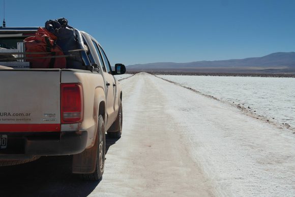 driving across salar grande in argentina