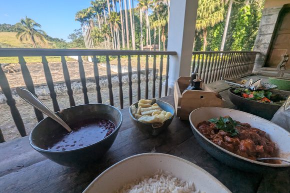 a typical black-bean feijoada stew at a coffee fazenda