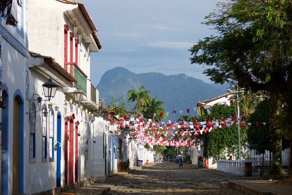 paraty's colonial cobbled centre with red and white bunting