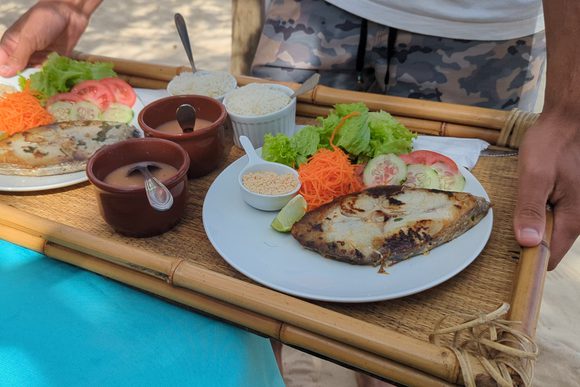 a waitor serves two plates of grilled fish and salad on a beach near paraty