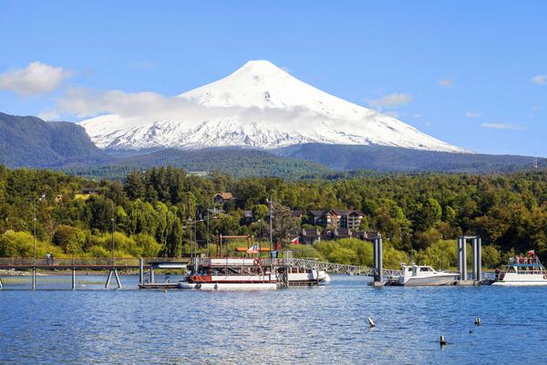 Chile lake district snow covered volcano villarica chile