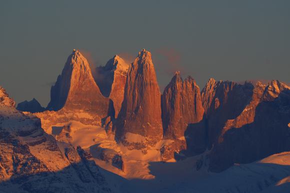 torres del paine at sunset in winter