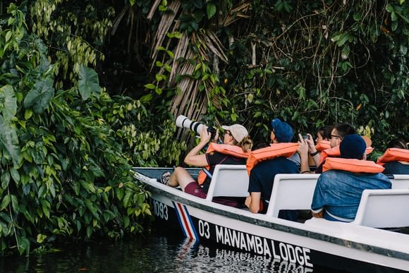 guests taking photo with a large zoom leans in a boat exploring the narrow creeks of tortuguero