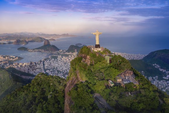 christ the redeemer and guanabara bay as seen from a helicopter