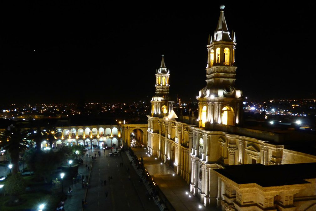 Peru arequipa cathedral night high vantage