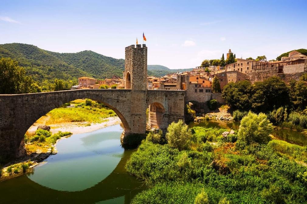 Spain catalonia view of medieval town with bridge besalu catalonia